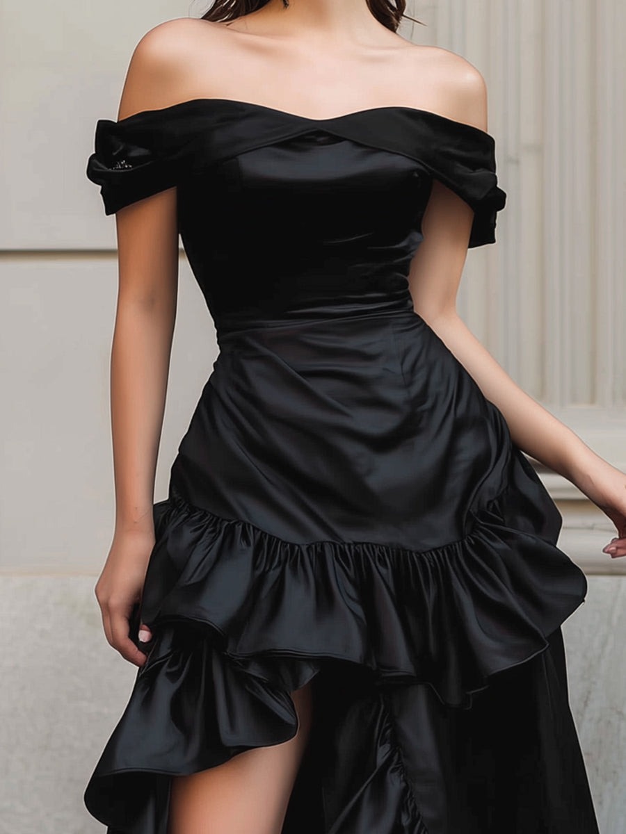Black Off-Shoulder High-Low Satin Gown With Dramatic Ruffled Hem