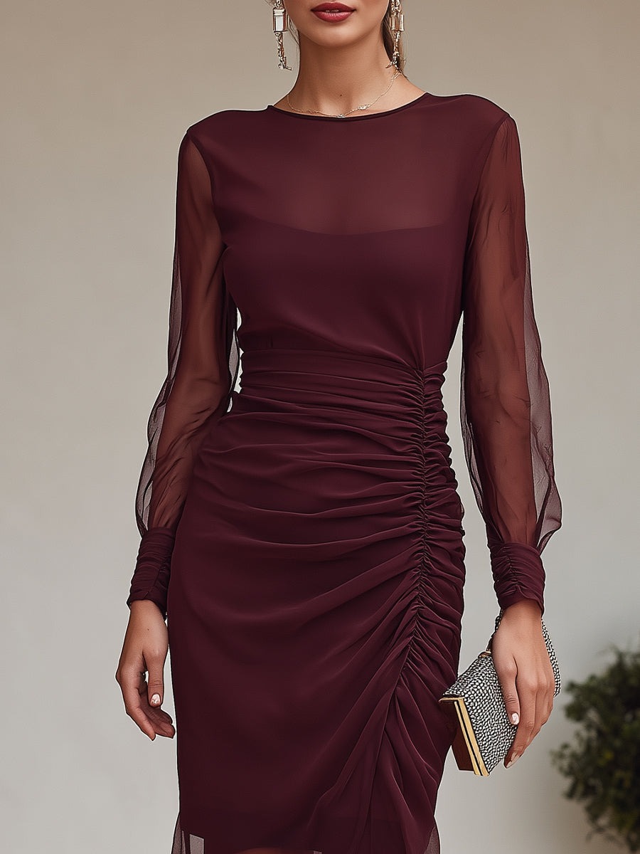 Burgundy Ruched Sheer Long Sleeve Asymmetric Midi Dress