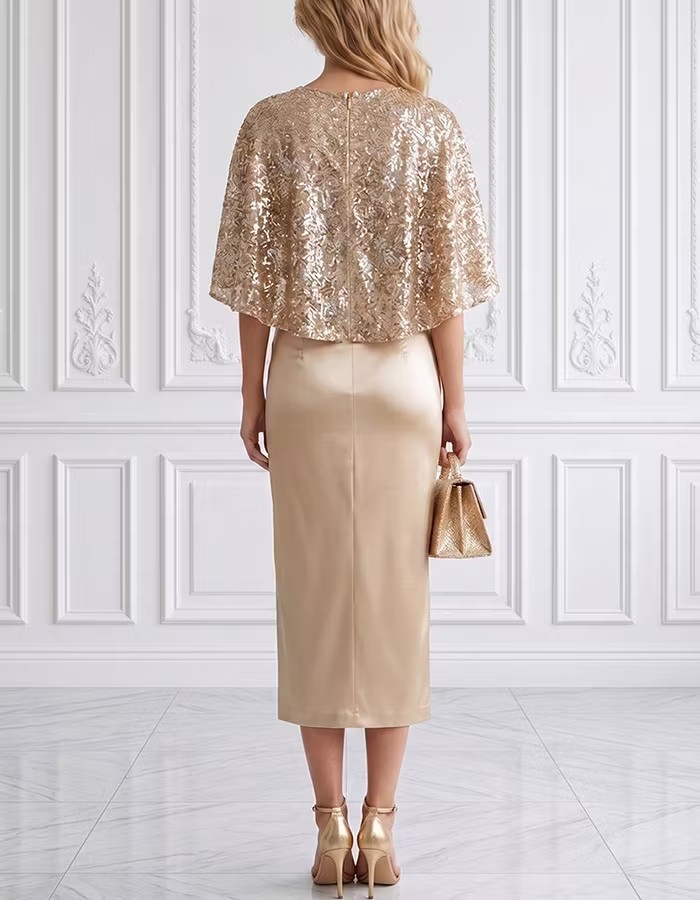 Gold Sequin Flutter Sleeve Satin Ruched Split Midi Dress