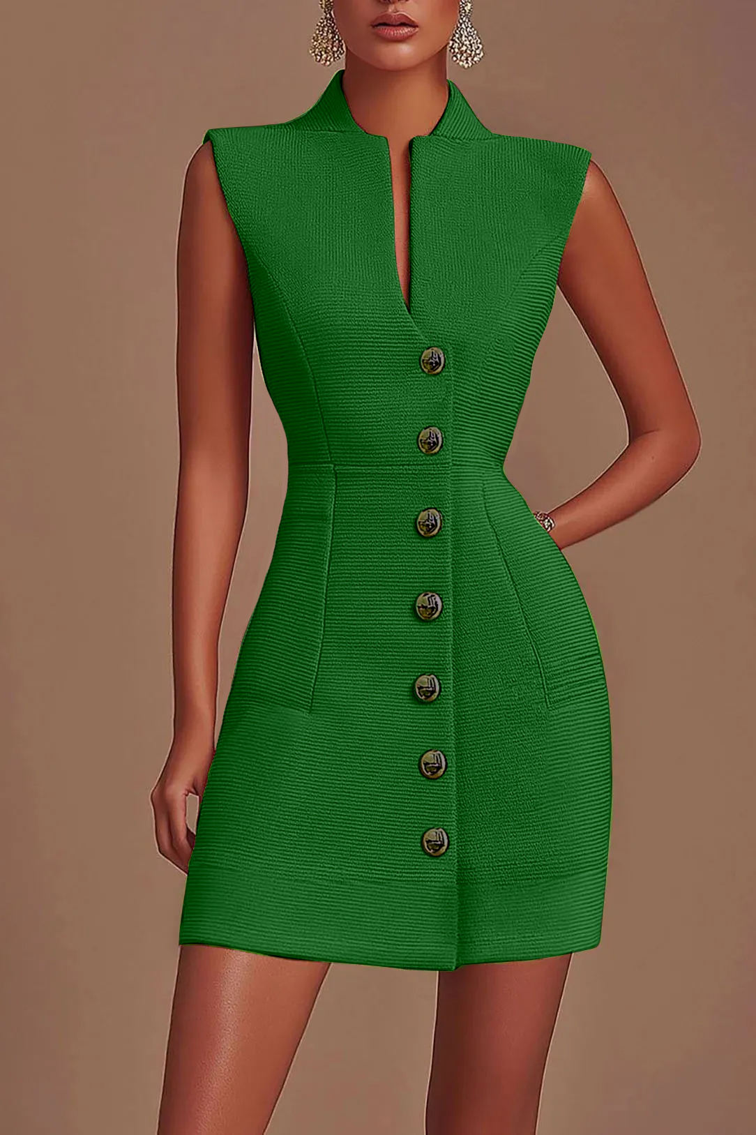 Semi-formal Work Pink Dress Tweed Buttoned Sleeveless Mini Dress