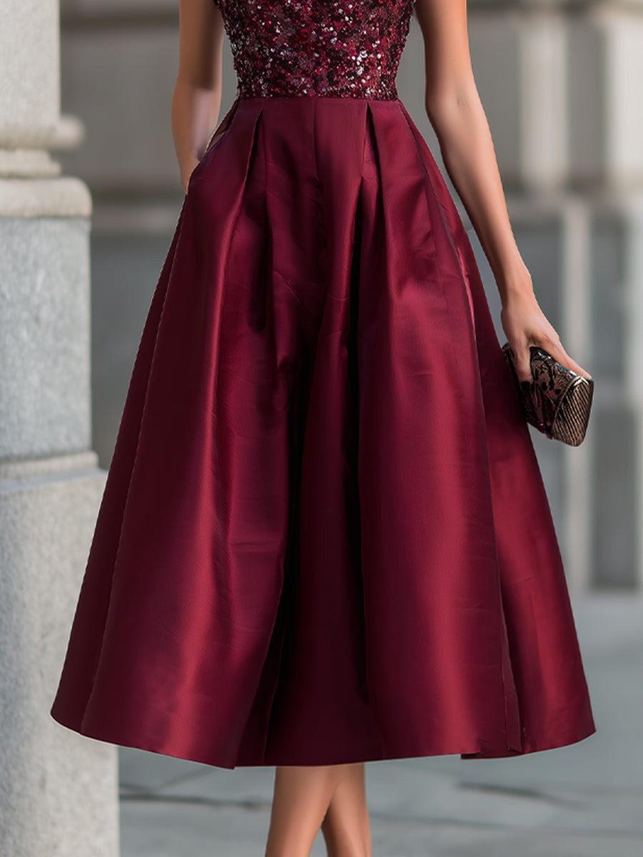 Burgundy Embellished Sleeveless Pleated Midi Dress