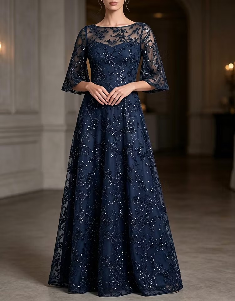 Boat Neck Flare Sleeve Beaded Mesh Evening Gown