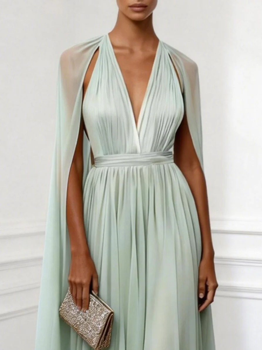 Light Green Ruched Chiffon V Neck Sleeveless A-Line Gown Dress