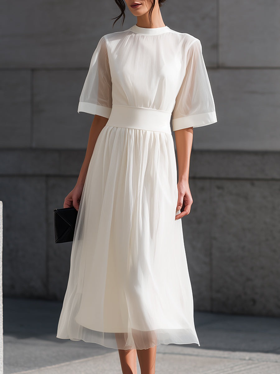 White Sheer Sleeve Waist-Defined Midi Dress