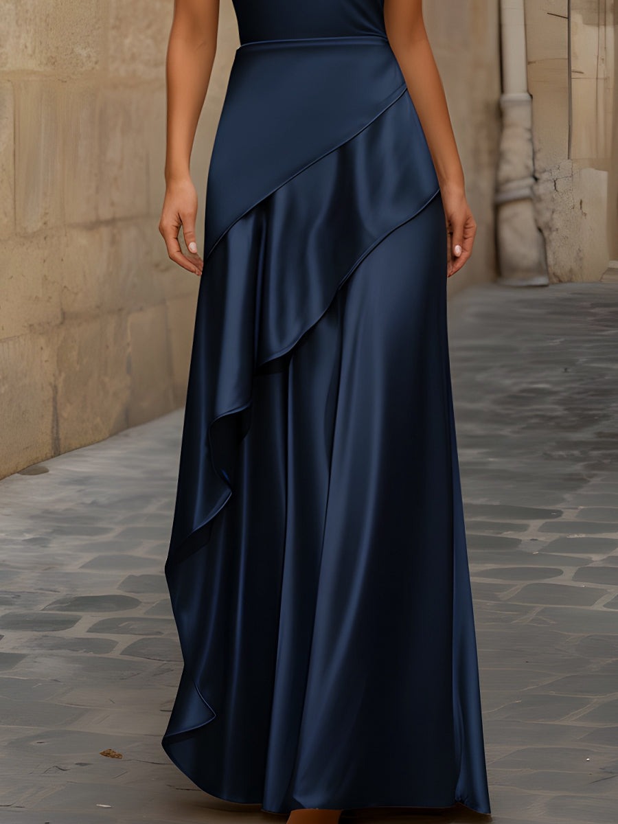 Navy Blue Satin Sleeveless Maxi Dress With Asymmetric Draping