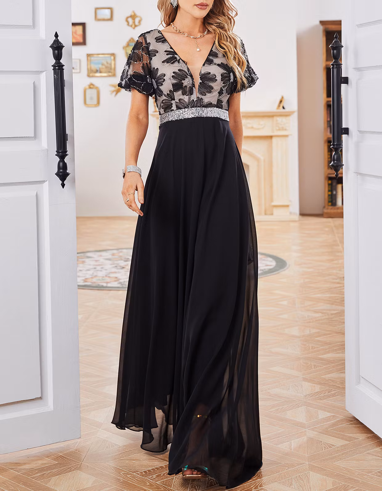 Black Embroidered Lace & Chiffon Waistband Maxi Dress