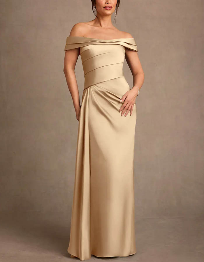 Champagne Satin Off-the-Shoulder Ruched Bodice Maxi Dress