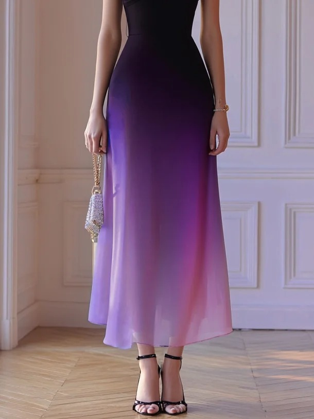 Purple Chiffon Ombre One Shoulder Sleeveless A-Line Maxi Dress