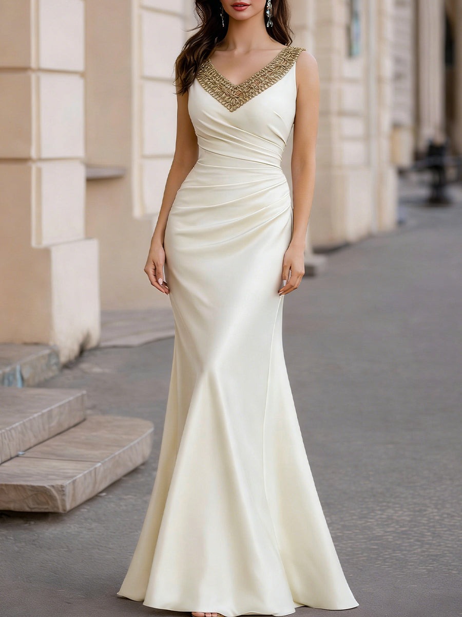 White Gold-Trim V-Neck Ruched Satin Maxi Dress
