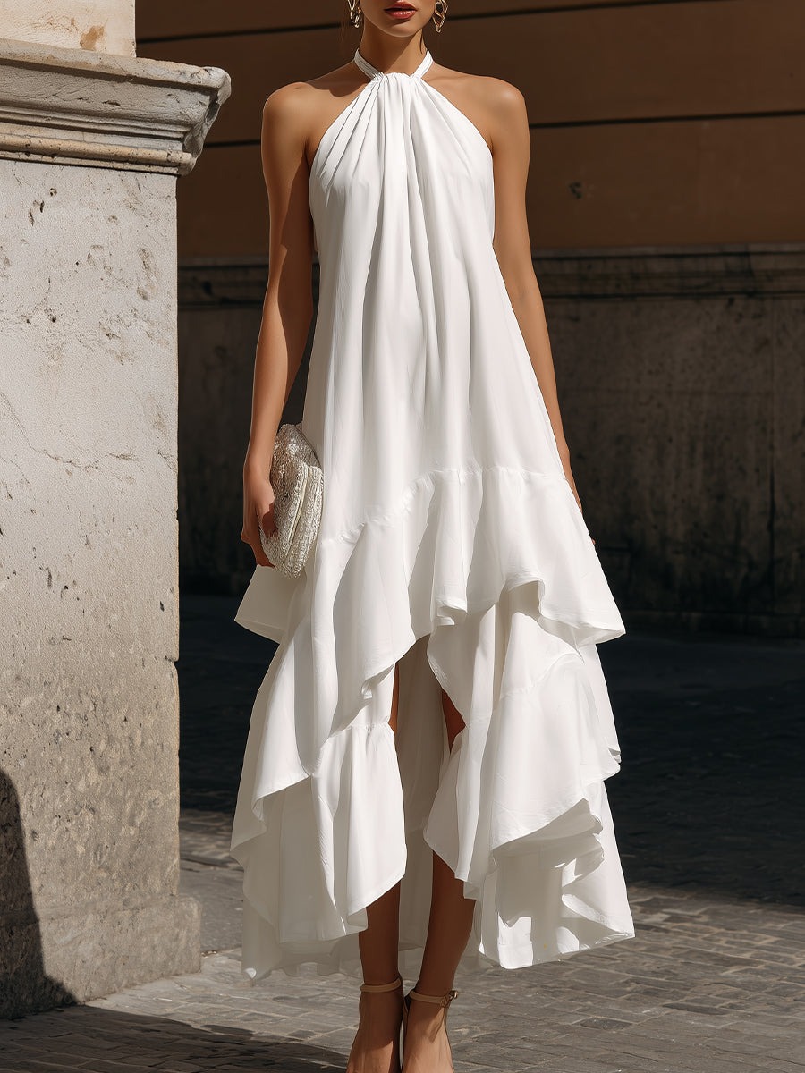 White Halter Neck Layered Ruffle High-Low Midi Dress