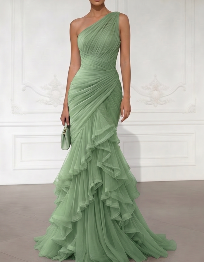 One-Shoulder Draped Tulle Mermaid Gown Maxi Dress