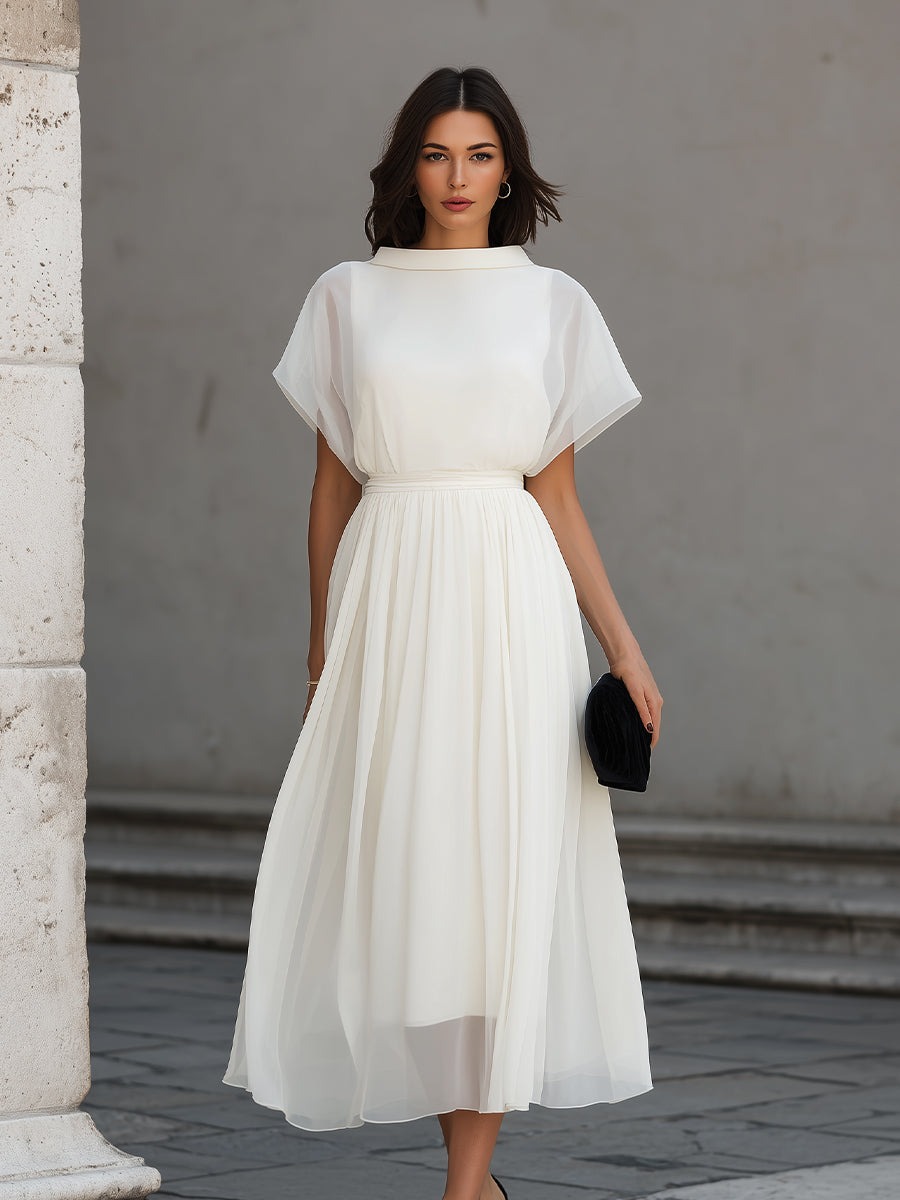 White High Neck Sheer Sleeve Pleated Midi Dress