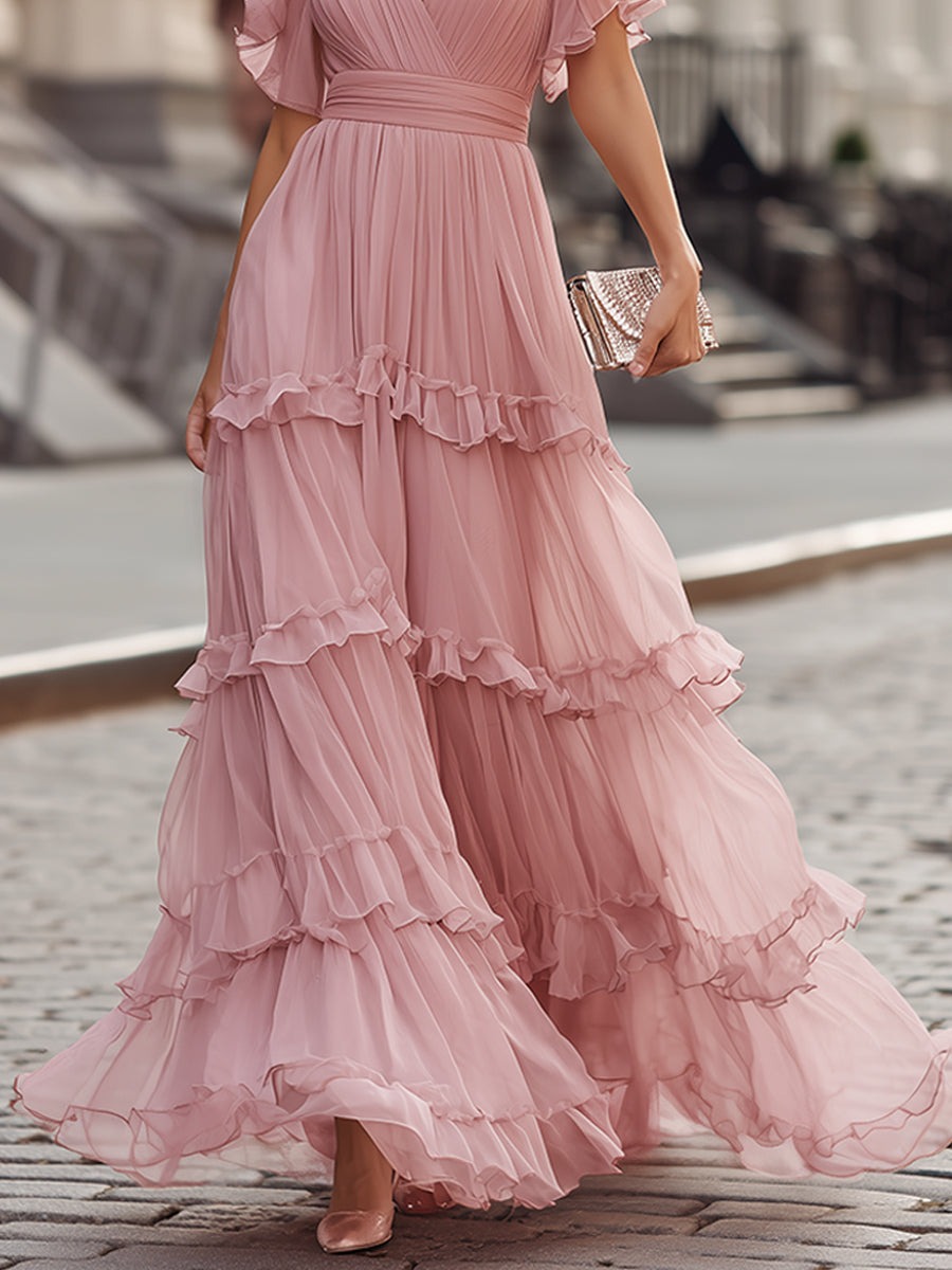 PinkRuffled V-Neck Tiered Maxi Dress