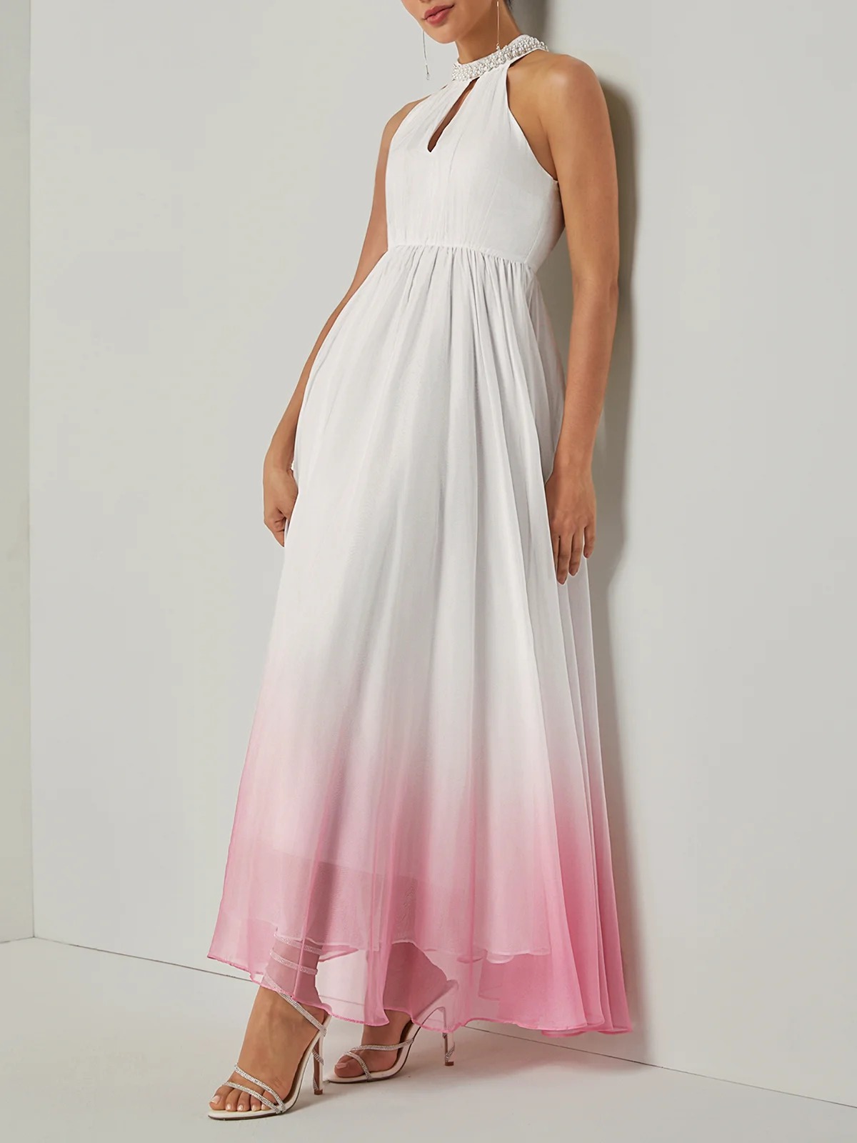 Pink Chiffon Halter Ombre Imitation Pearl Cut Out Sleeveless A-Line Mock Neck Maxi Dress