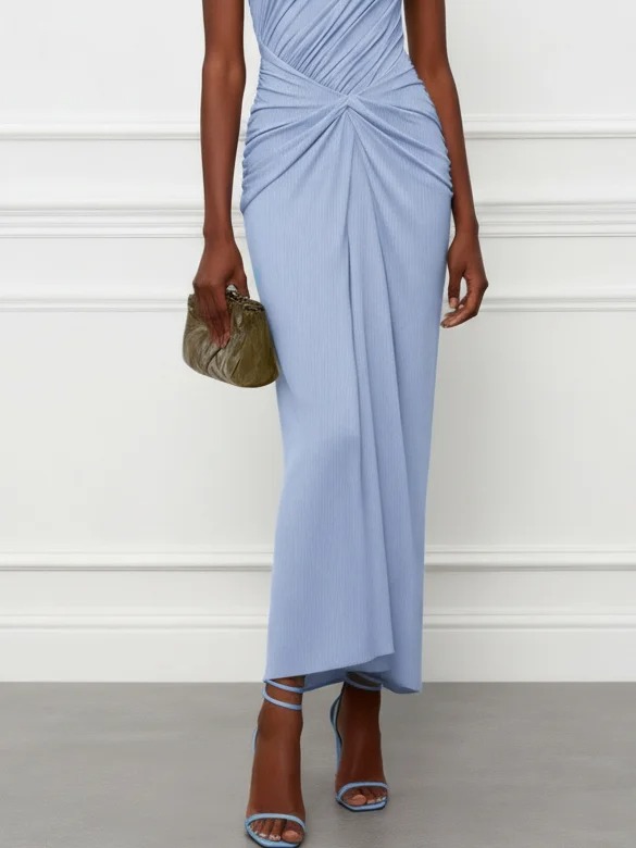 Light Blue Gathered Knit One Shoulder Sleeveless Bodycon Maxi Dress