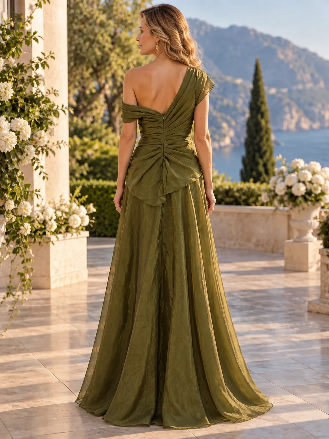 One-Shoulder Pleated Jacquard Organza Evening Gown