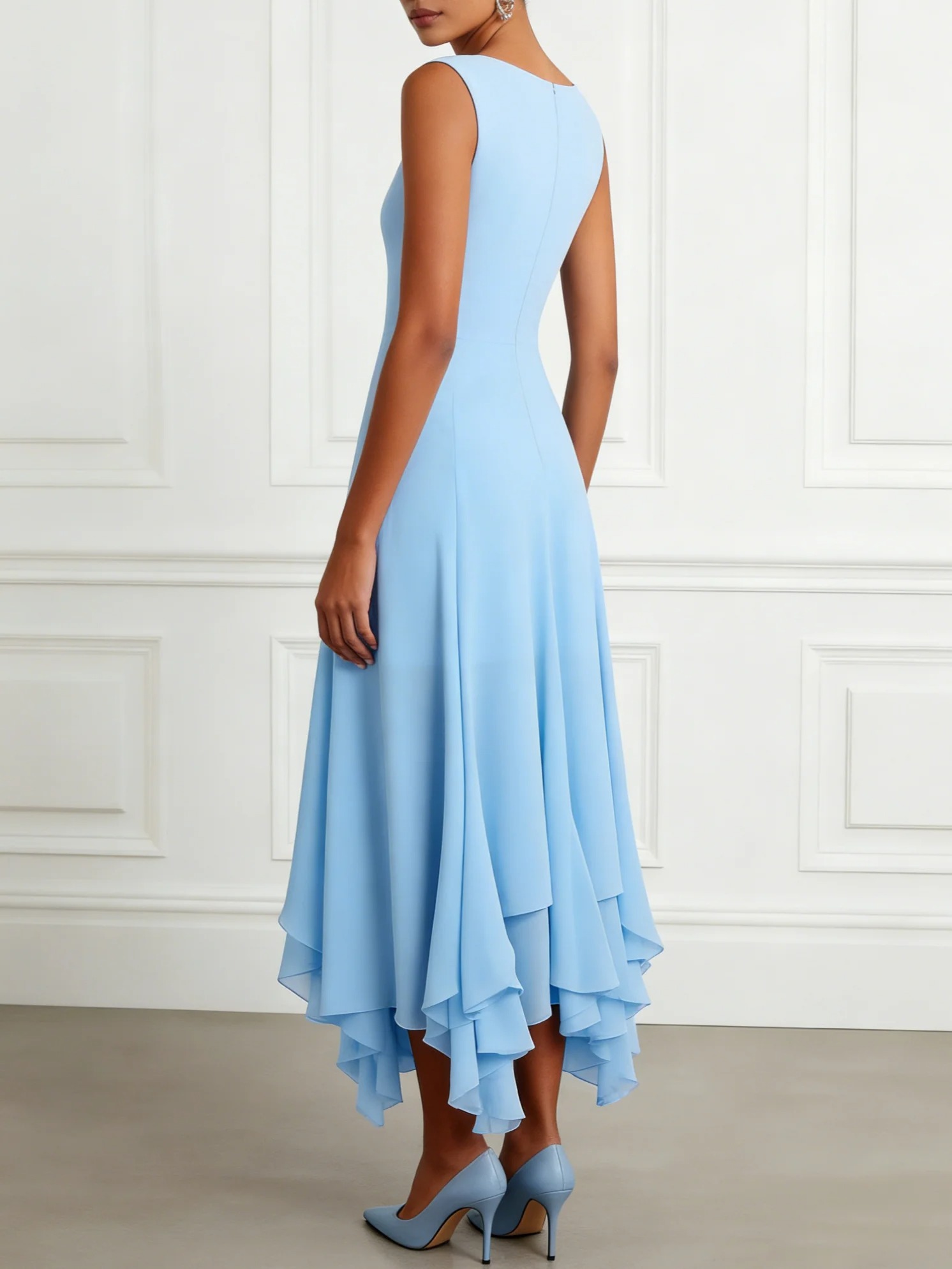 Light Blue Asymmetric Chiffon Boat Neck Sleeveless A-Line Midi Dress