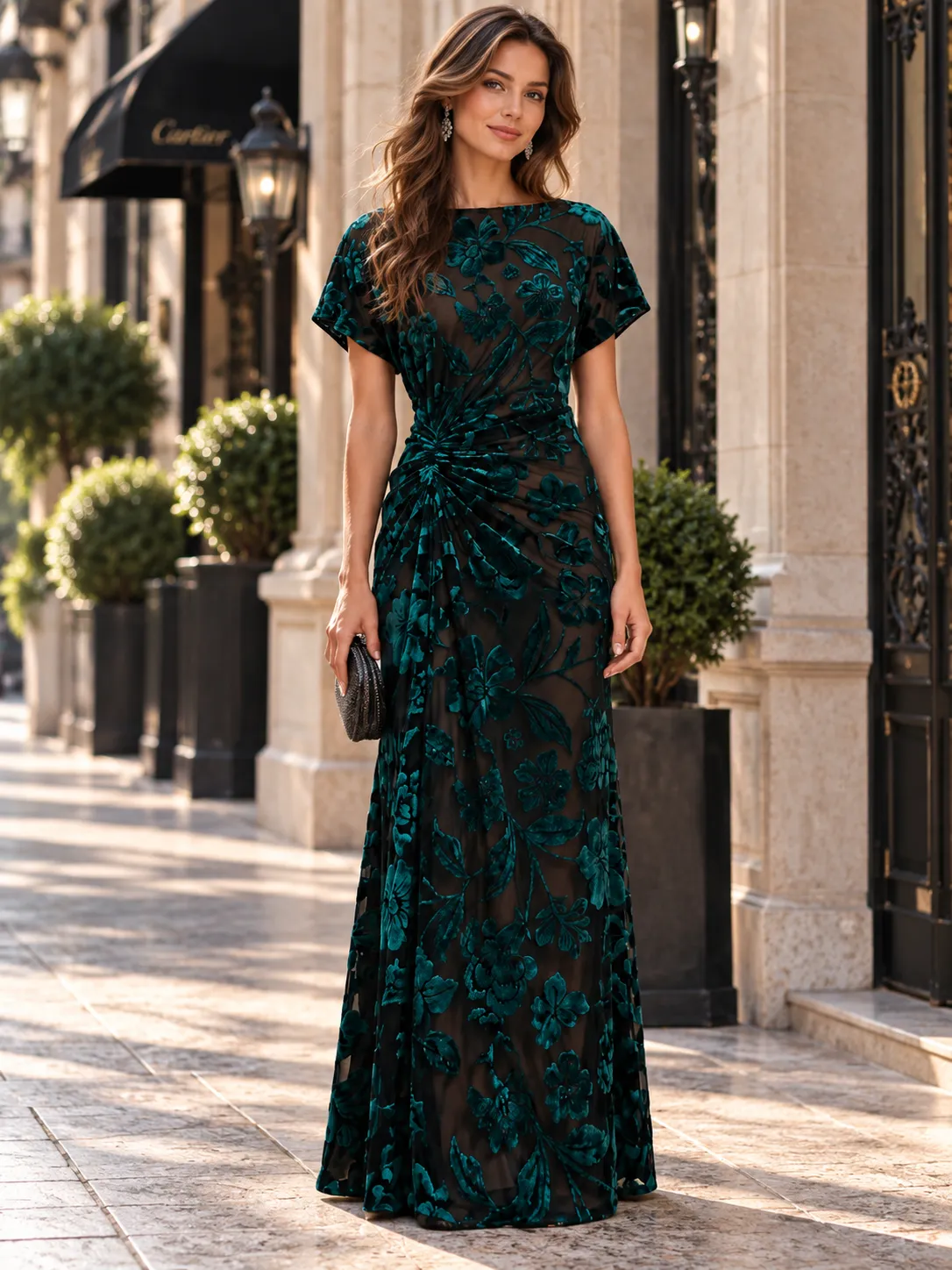 Short Sleeve Velvet Burnout Evening Gown