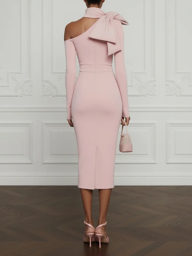 Pink Bow Asymmetric Knit Mock Neck Long Sleeve Sheath Midi Dress