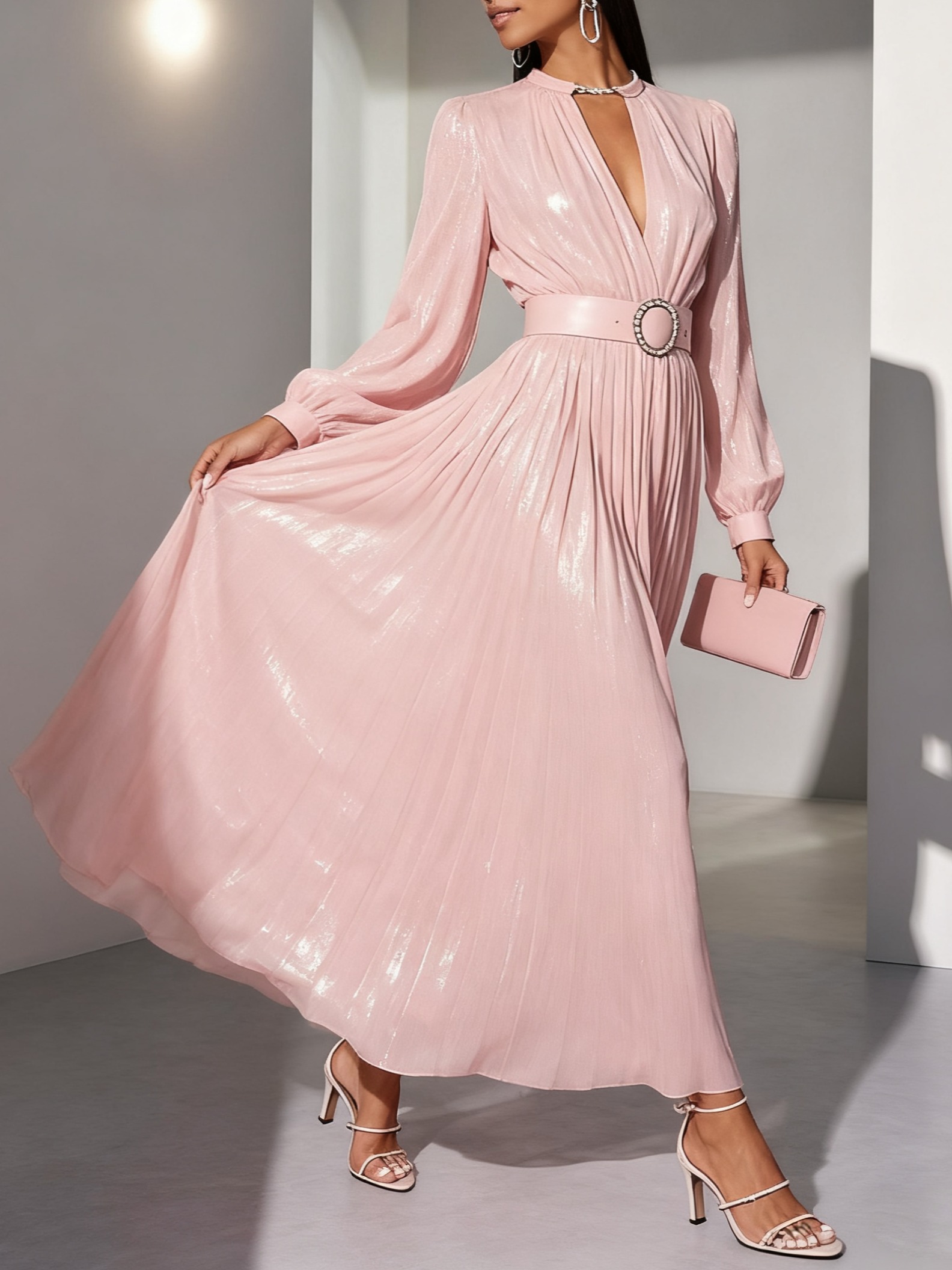 Light Pink Classic V Neck Long Sleeve Balloon Sleeve A-Line Maxi Dress