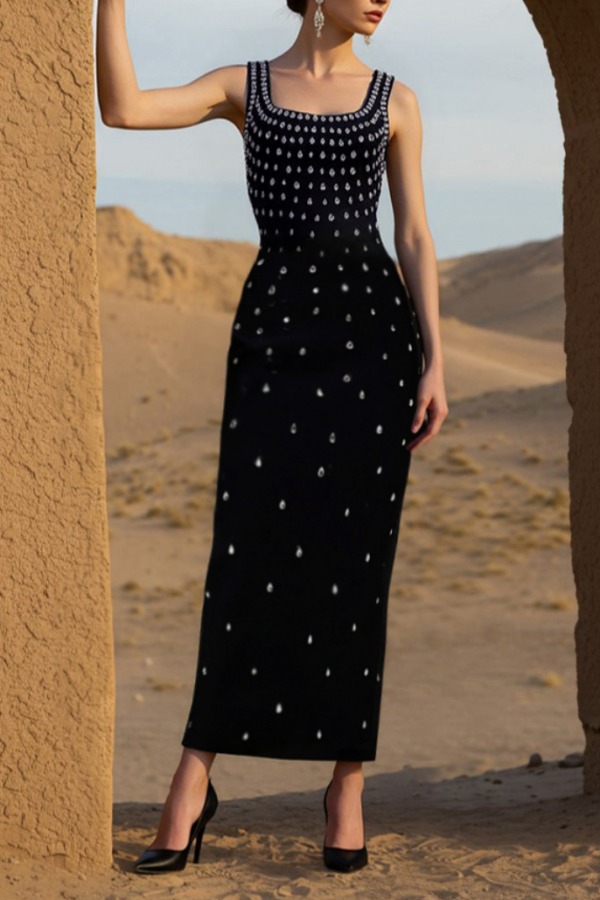 Formal Evening Dress Black Square Neck Rhinestones Maxi Dress