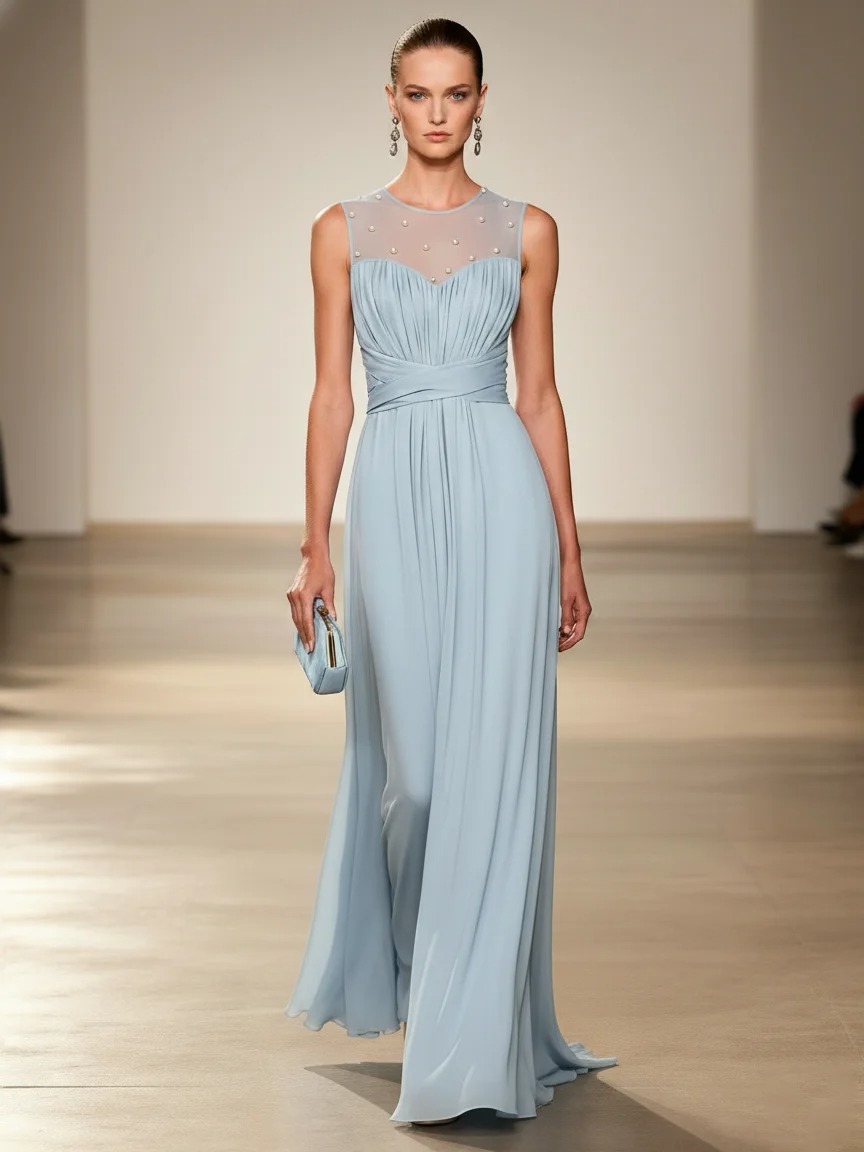 Light Blue Faux Pearl Ruched Chiffon Crew Neck Sleeveless A-Line Maxi Dress