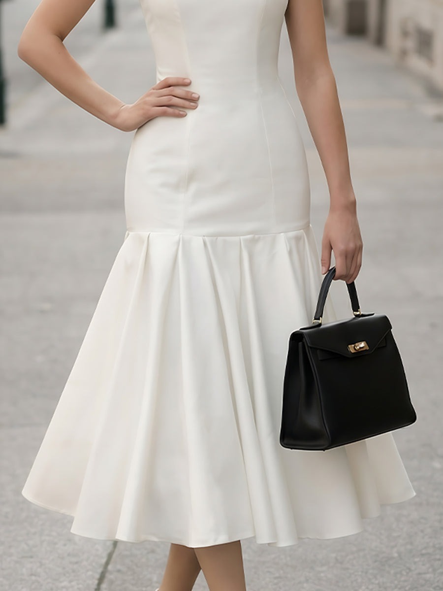 White Square-Neck Fitted Midi Dress With Flared Hem