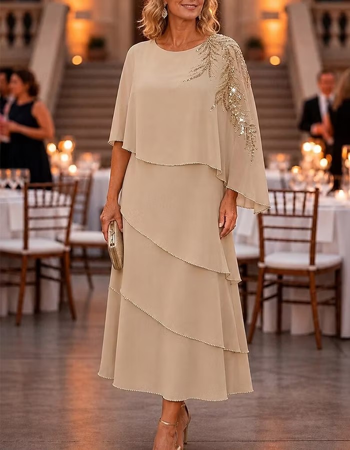 Beaded Chiffon Overlay Layered Midi Dress