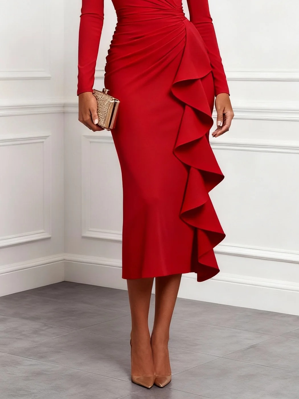 Red Ruffled Ruched Knit V Neck Long Sleeve Sheath Midi Dress