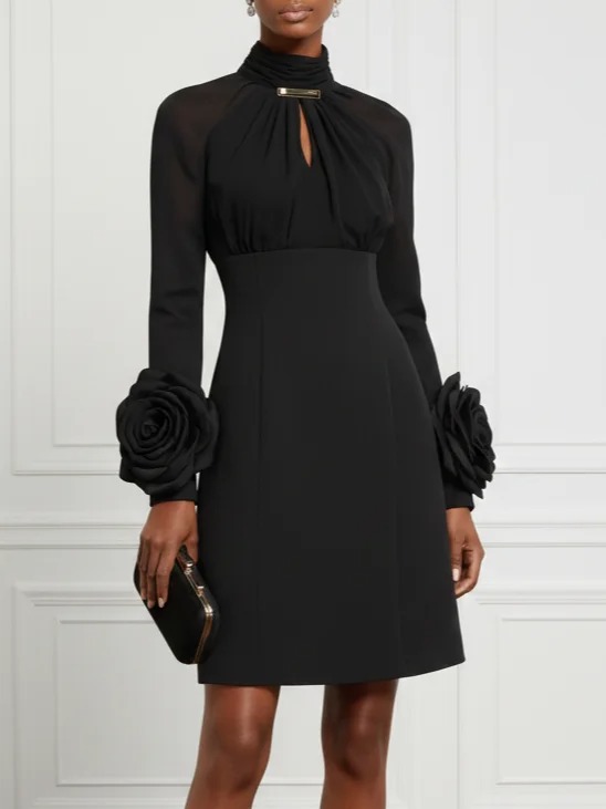 Black 3D Floral Buckle Classic Mock Neck Long Sleeve A-Line Mini Dress
