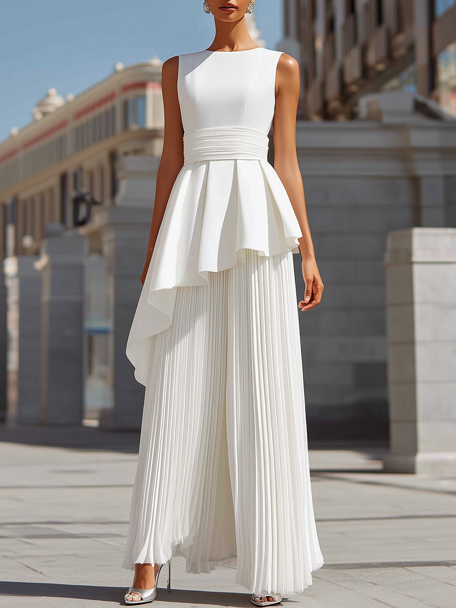 White Sculpted Asymmetric Peplum & Pleated Maxi Gown In White