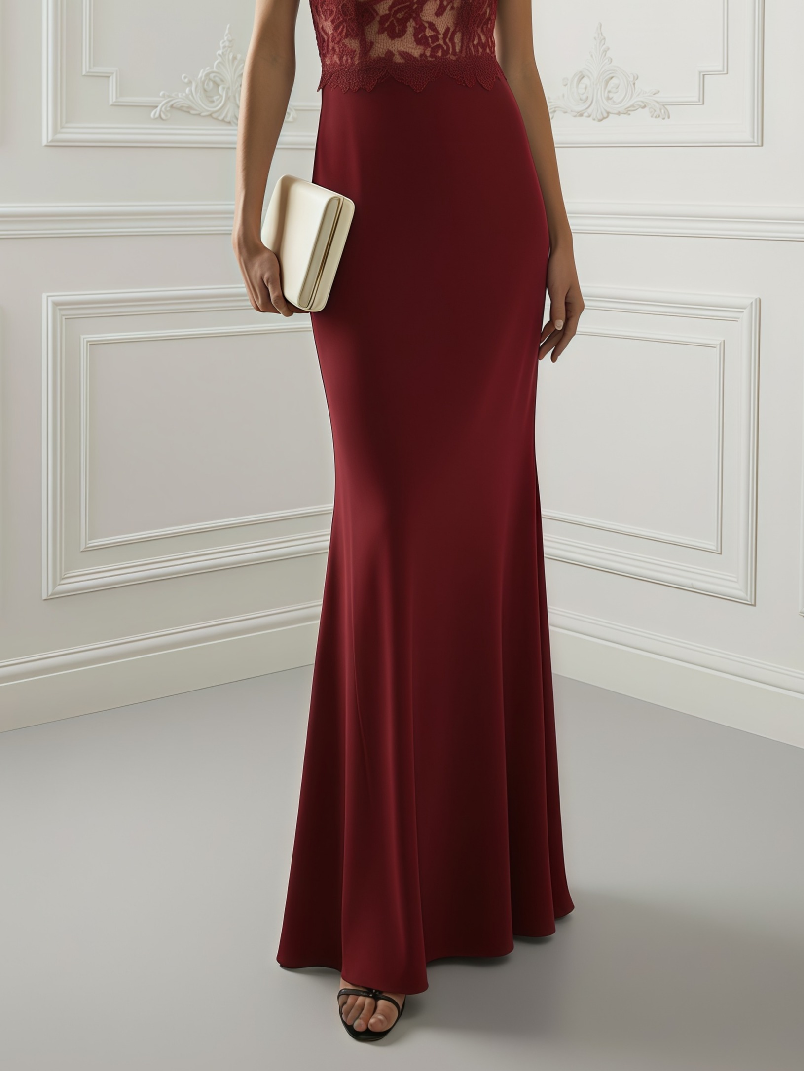 Burgundy Lace Classic Off The Shoulder Sleeveless Sheath Maxi Dress