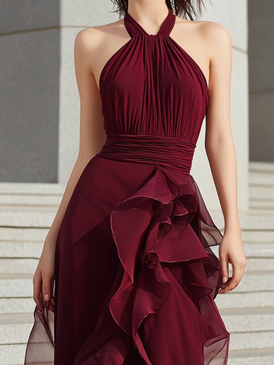 Burgundy Elegant Halter Neck Evening Gown With Draped Design