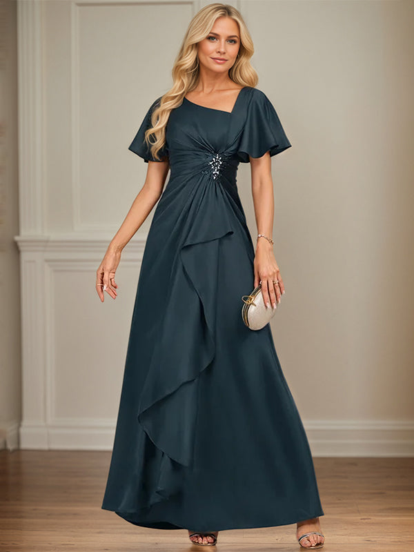 A-Line Asymmetrical Floor-Length Matte Satin Mother of the Bride Dress With Beading Sequins Pleated