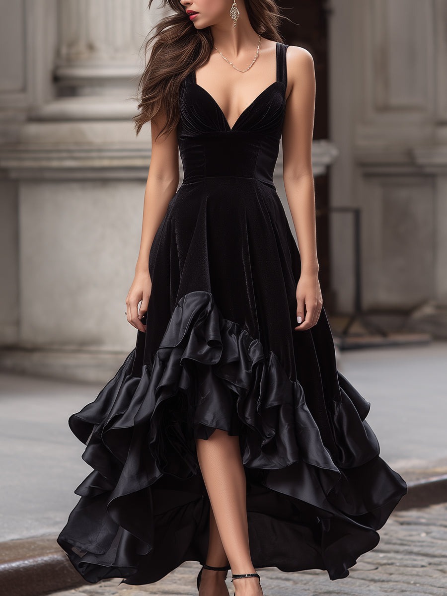 Black Velvet High-Low Evening Gown With Layered Ruffled Hem