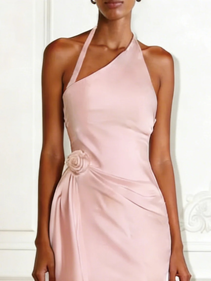 Pink 3D Floral Satin Halter Sleeveless Sheath Midi Dress