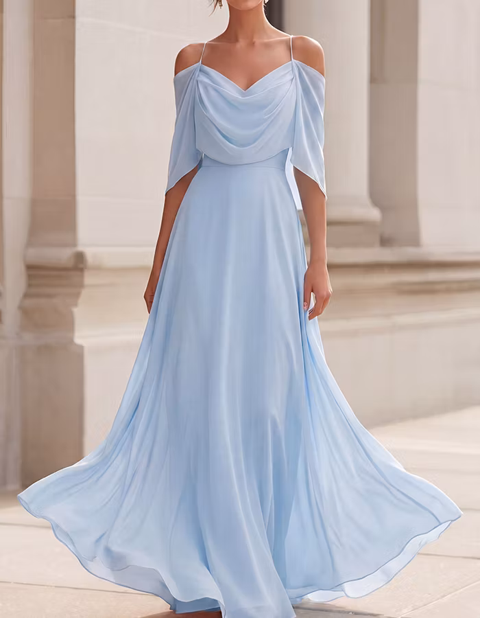 Blush Pink Off-the-Shoulder Cowl Neck Chiffon Maxi Dress