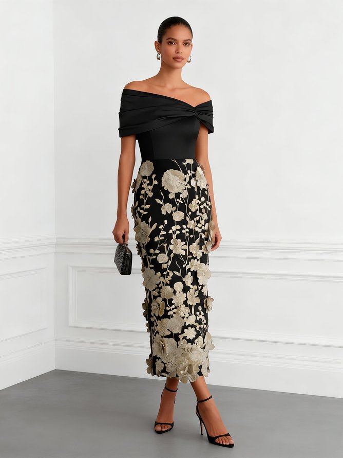 Black 3D Floral Applique Classic Off The Shoulder Short Sleeve Sheath Midi Dress