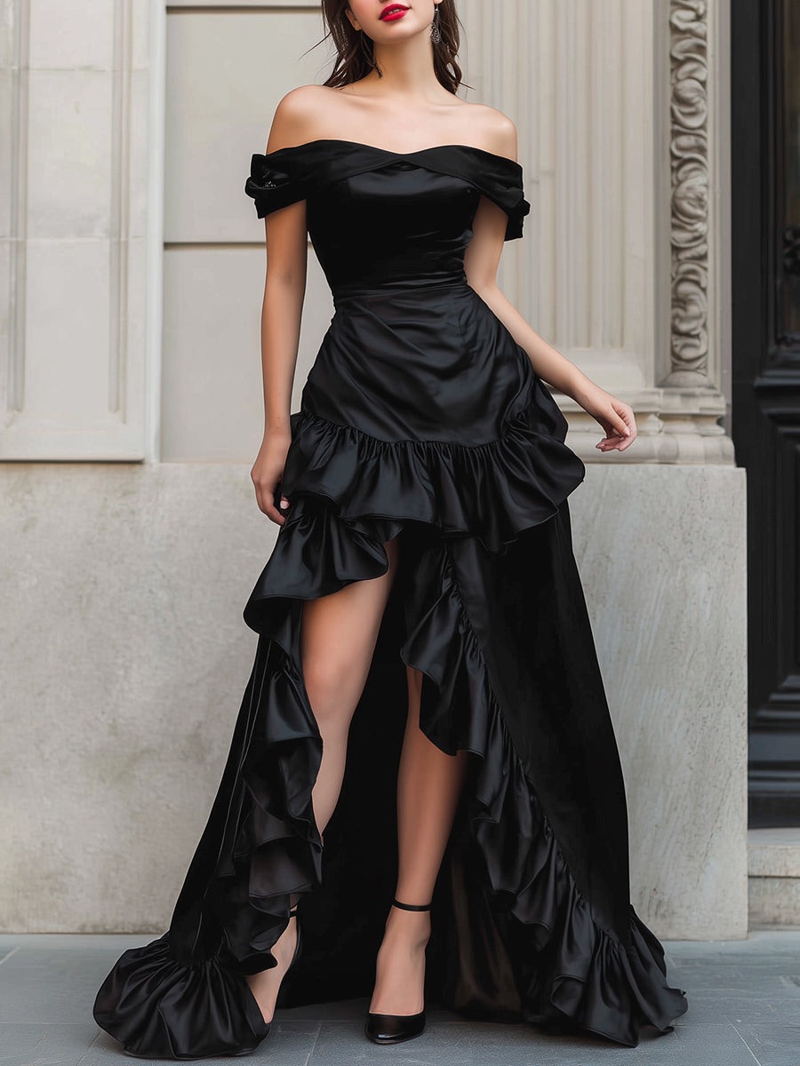 Black Off-Shoulder High-Low Satin Gown With Dramatic Ruffled Hem
