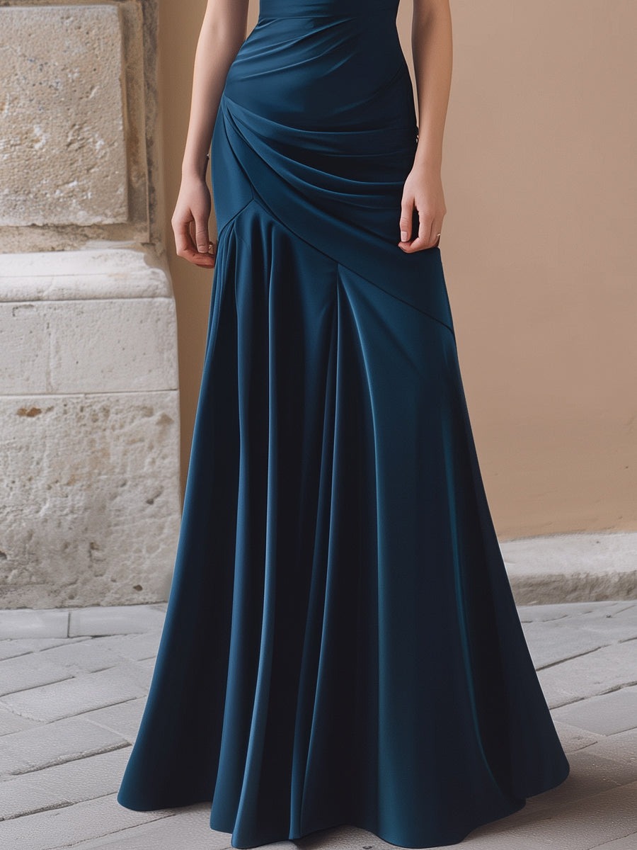 Navy Blue Draped Cowl Neck Ruched Maxi Dress
