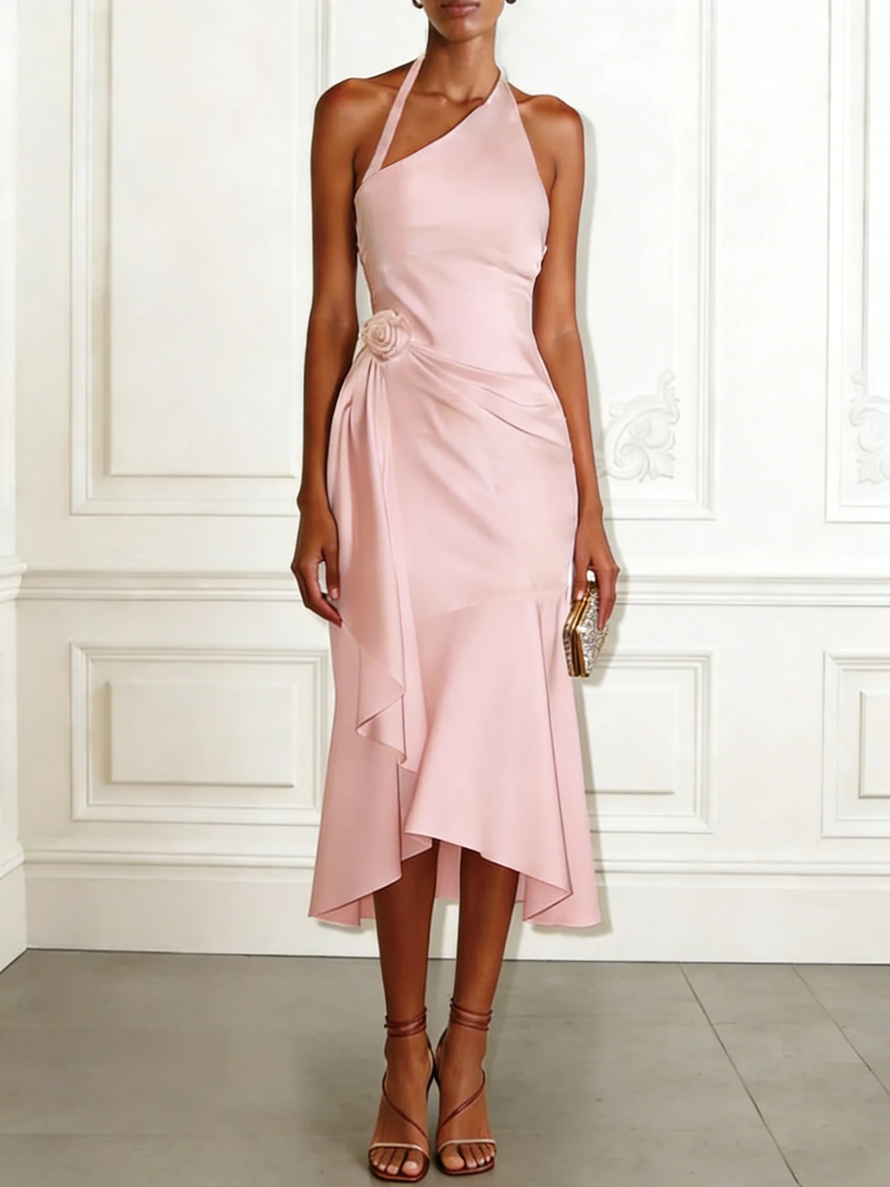 Pink 3D Floral Satin Halter Sleeveless Sheath Midi Dress