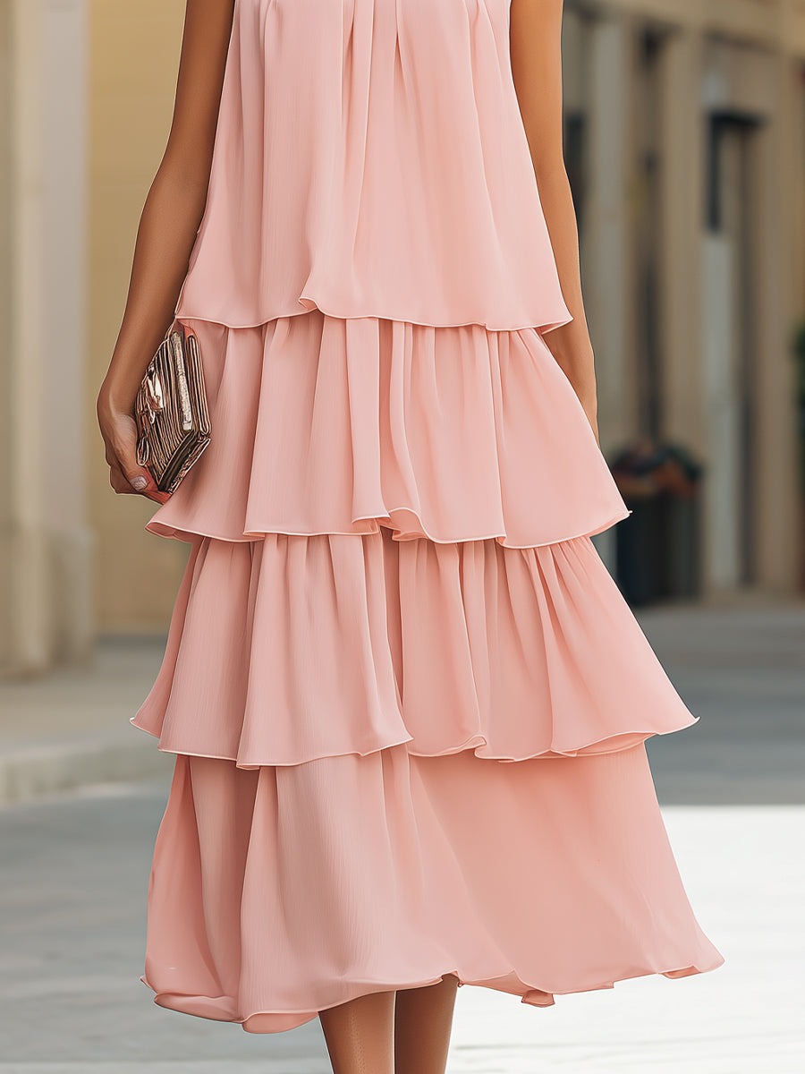 Pink Sleeveless Tiered Ruffle High-Neck Midi Dress