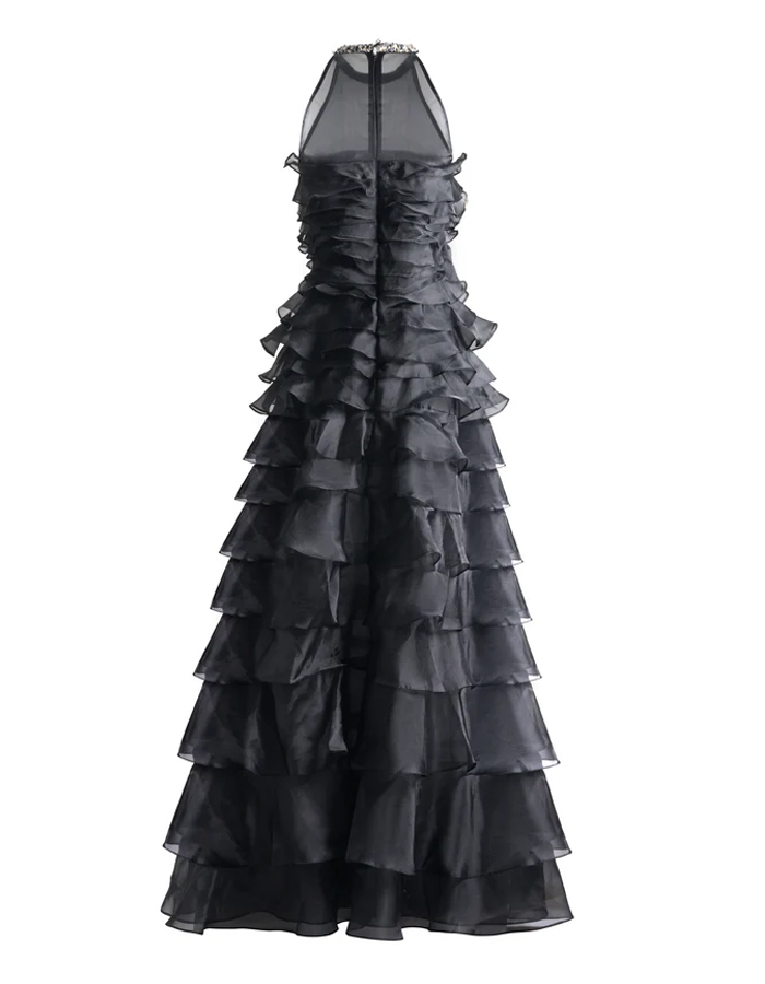 Black Silk A-line Ruffled Layered Organza Maxi Dress