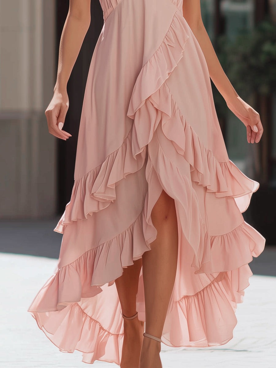 Pink Asymmetrical Ruffle Chiffon Maxi Dress With Spaghetti Straps