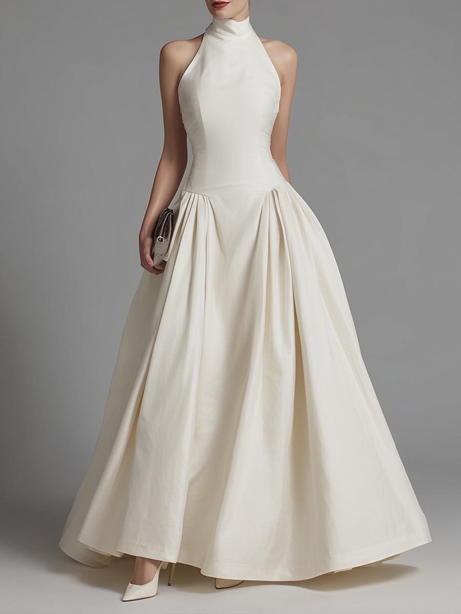 White Halter Neck Fit-and-Flare Maxi Dress With Structured Pleated Skirt