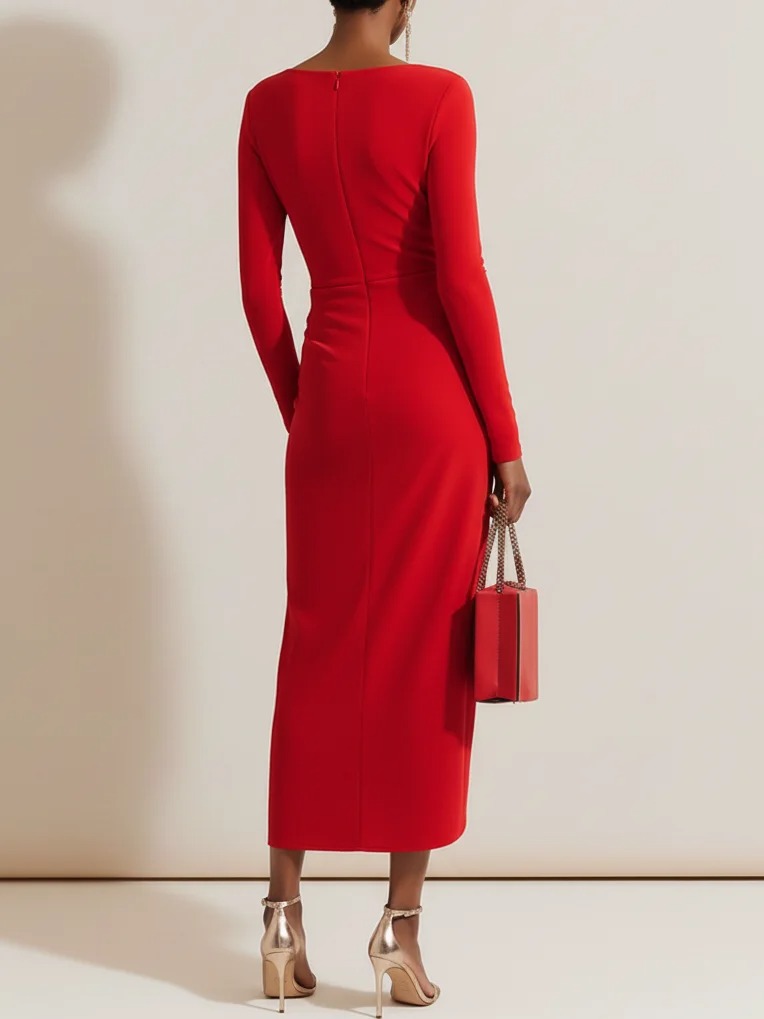 Red Asymmetric Ruched Knit Boat Neck Long Sleeve Sheath Midi Dress
