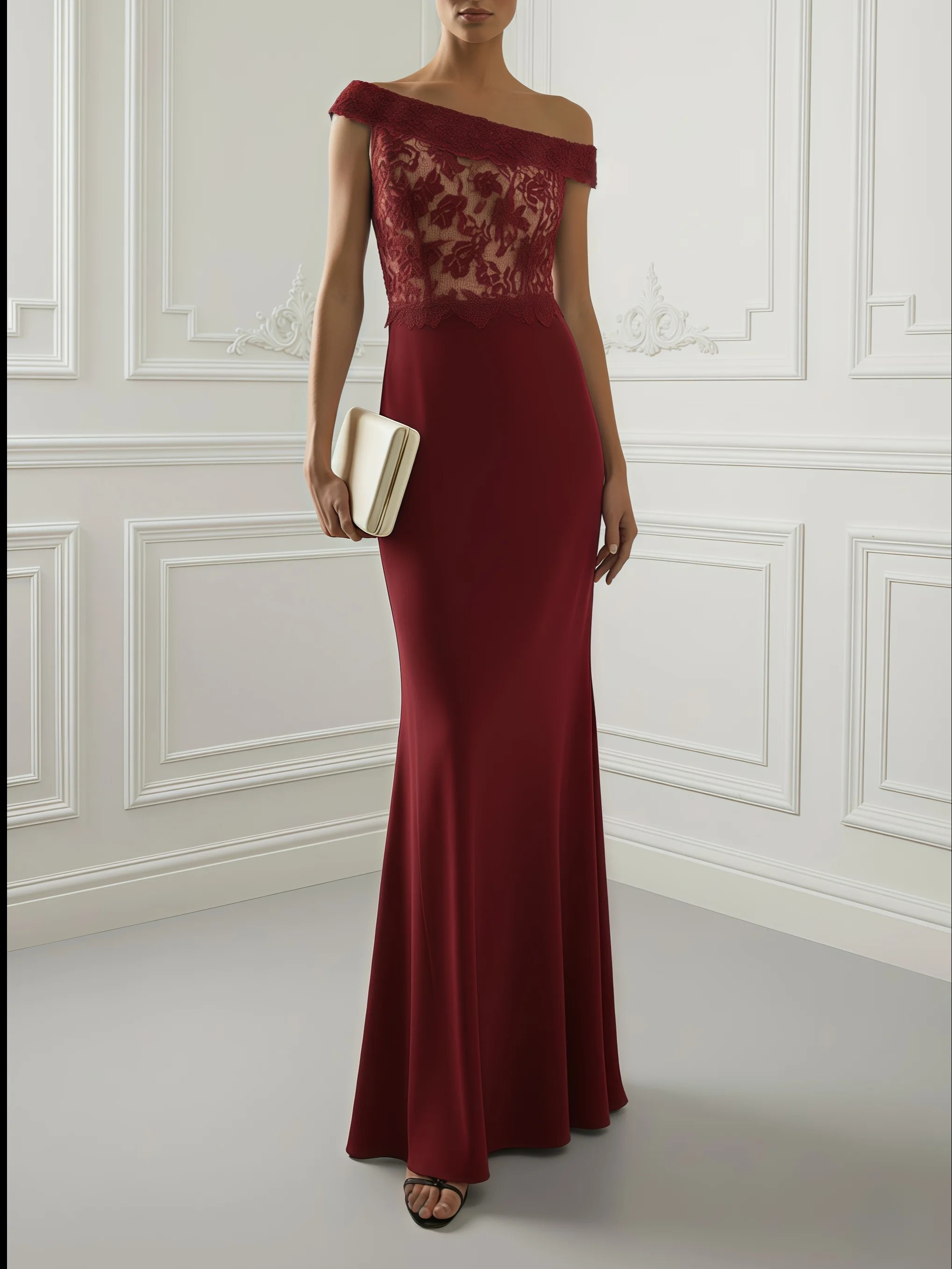 Burgundy Lace Classic Off The Shoulder Sleeveless Sheath Maxi Dress
