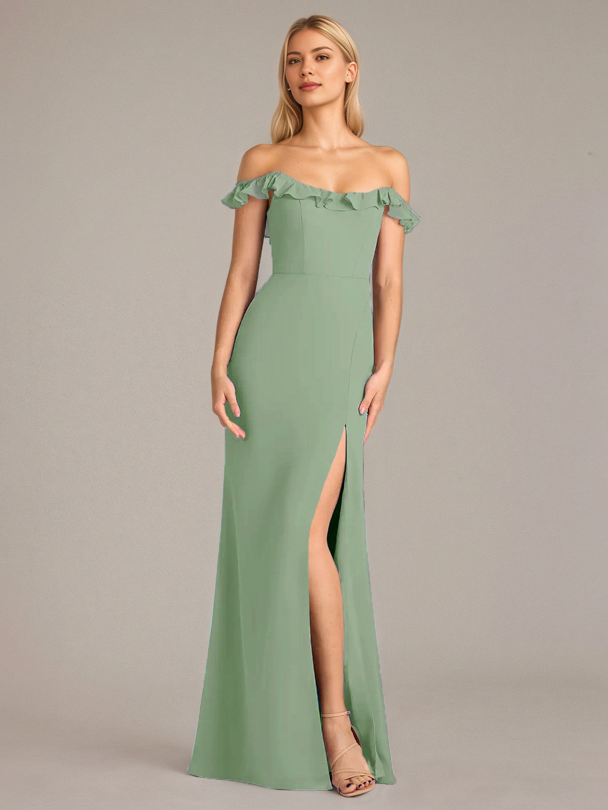 Sheath/Column Chiffon Off The Shoulder Sleeveless Floor Length Dresses With Ruffles