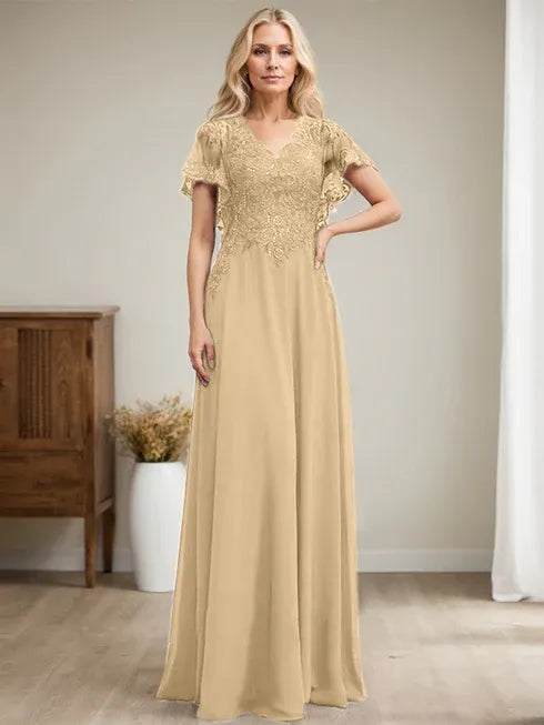 A-line V-Neck Floor-Length Lace Chiffon Mother of the Bride Dress With Sequins