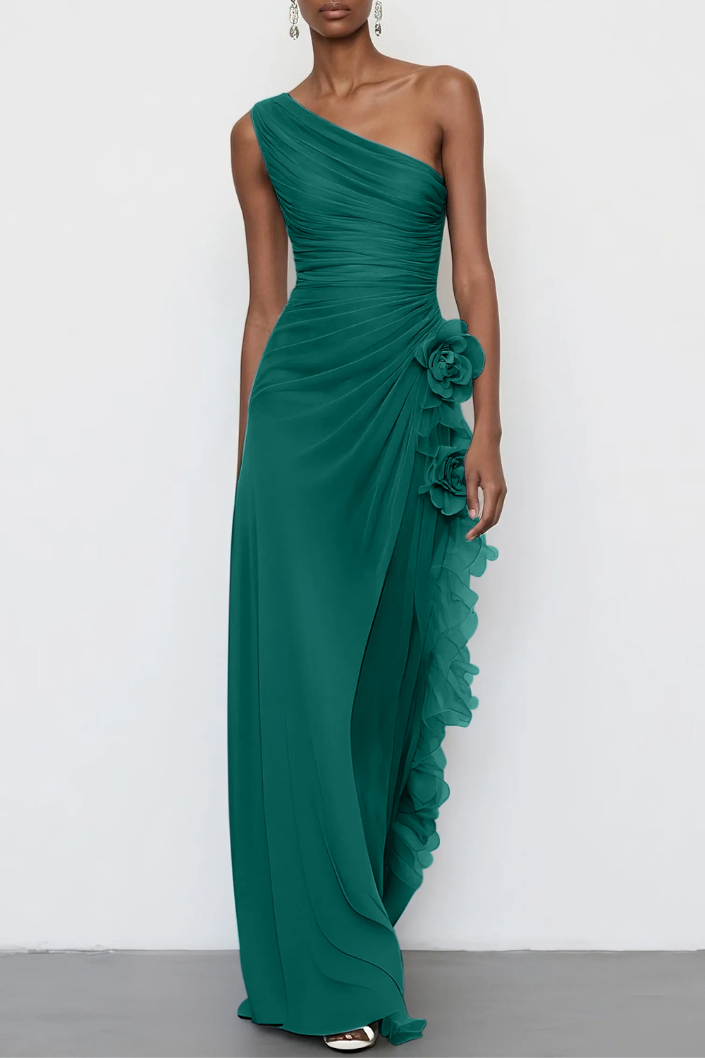 Light Blue 3D Floral Chiffon One Shoulder Sleeveless Sheath Maxi Dress